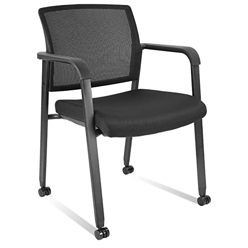 Clatina Mesh Back Guest Reception Arm Chairs With Wheels, Waiting Room Chairs With Upholstered Fabric Seat And Ergonomic Lumbar Support For Office Conference School Church Black #TOP23