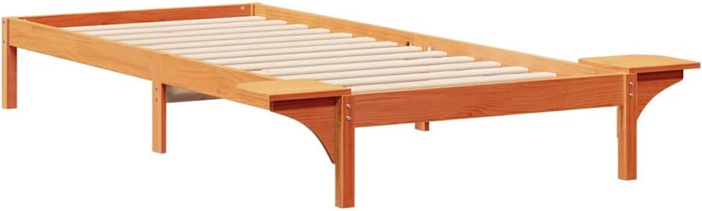 Wax Brown Single Bed Frame with Integrated Side Tables 215.5x140x32 cm Solid Pine Modern Minimalist Platform for Bedroom Study Loft