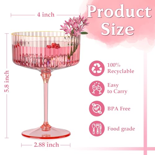 HKSZEH 12 PCS Ribbed Coupe Glasses Pink Plastic Champagne Coupe Cup 10oz Detachable Gold Rim Espresso Martini Glass Vintage Margarita Glassware Cocktail Glass for Wedding Bachelorette Party by HKSZEH - Used condition - Image 2