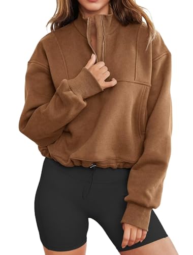 INFITTY Women's Half Zip Cropped Pullover Sweatshirt Long Sleeve Lightweight Hoodies Tops for Teen Khaki Medium