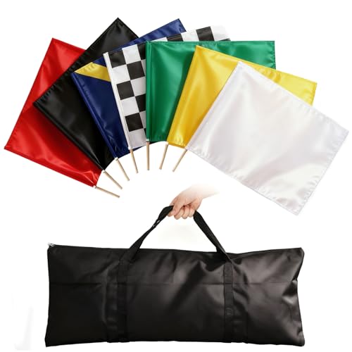 Set of 7 Racing Flags 24 x 30 Inch Polyester Fibre Material with 35 Inch Black Storage Bag. Suitable for Professional Racing Track, Children's Karting Circuits, and Indoor/Outdoor Event Decor