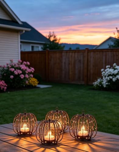 Outdoor Solar Hanging Lantern, 4 Pack Hand Woven Copper Wire Pumpkin Candle Holders with Solar Tea Lights, IP65 Waterproof with Hanging Hooks for Gazebo, Tree, Pergola, Patio Garden Decor - Image 7