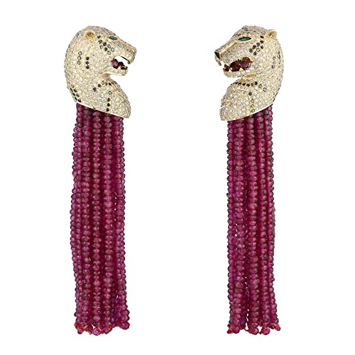 Genuine Dangle Cluster Pink Ruby Beads & Emerald Eye Diamond Panther Earrings Solid 18K Yellow Gold Handmade Animal Jewelry #TOP11