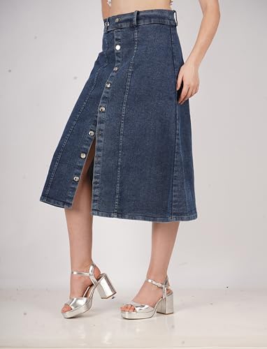 Image of Straight Stylish Comfortable Long Two Button Up Slit Dobby Denim Skirt for Women & Girls
