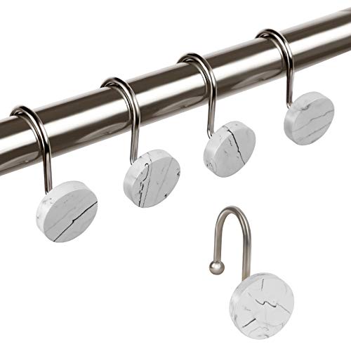 Shower Curtain Hooks, Marble Home Decorative Rust Resistant Shower Curtain Rings for Bathroom, Glide Shower Curtain Hooks for Shower Liner, Set of 12 for Shower Rod (Nickel)