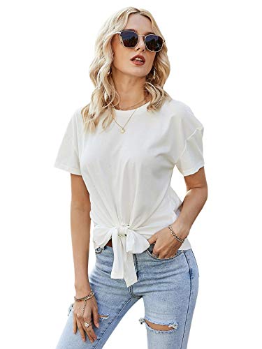 Romwe Women s Short Sleeve Tie Knot Front Tops Round Neck Plain T Shirt Tee White L