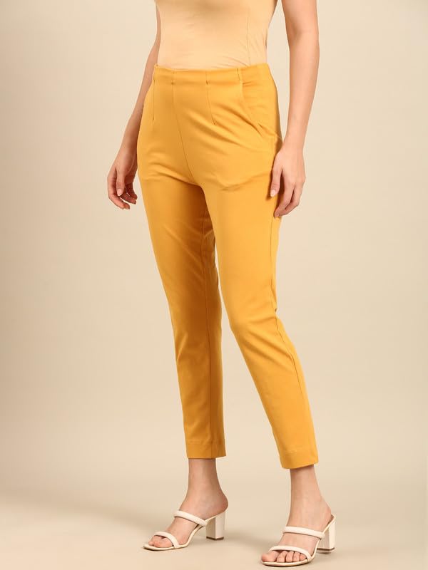 Image of De Moza Women Pencil Fit Cigarette Pant | 95% Cotton 5% Elastane | Mid Rise | 2 Pockets | Casual & Office Wear