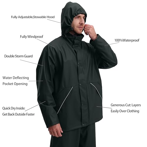 NAVIS MARINE Rain Suit Mens Durable PU Outdoor Rain Jacket Waterproof Work Pants Combo Unisex (Dark Green, X-Large)