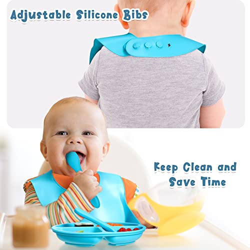Zopeal 24 Pcs Baby Silicone Feeding Set Baby Led Weaning Set Baby Suction Plates With Spoon Fork Adjustable Silicone Bibs Baby Plates And Utensils Set For Boys Girls, 6 Colors #TOP4