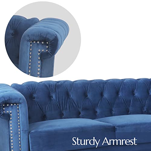 Vaztrlus Chesterfield Velvet Sofas For Living Room, Traditional Square Arm 3-Seater Sofa 82.5" Couch Deep Button Nailhead Tufted Blue Upholstered Couches Removable Cushion Easy To Assemble #TOP3