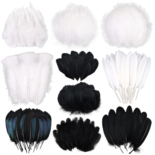 FeelfunFeather 300 pcs Small Feathers - 10 Style Mixed Spotted Decorative Natual Pheasant Feather for DIY Crafts Halloween Clothing Decoration(Black,White)
