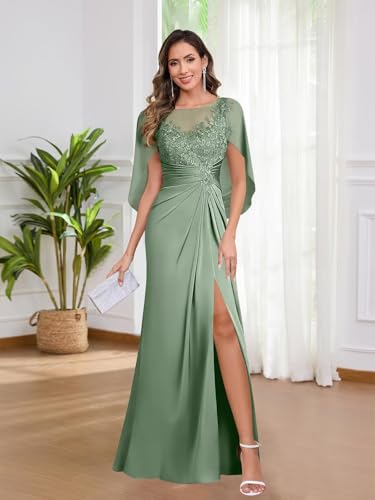 Cape Sleeve Tulle Mother of The Bride Dresses for Women Lace Applique Boat Neck Mother of The Groom Dresses with Split2