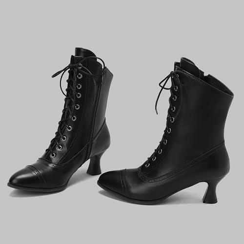 BEAUPAS Women's Victorian Gothic Boots Lace Up Granny Boots Low Kitten Heel Ankle Boots Pointed Toe Booties Zip Witch Boots Vintage Wingtip Shoes2
