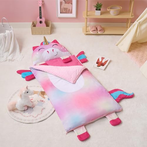 JOIEDOMI Farbiges Einhorn 60\ x 27\ Schlafsack für Kopfkissen Reißverschluss mit Kissen und Decke–Kinder ab 3 Jahren – Kinderschlafsack – für Jungen und Mädchen im Kindergarten