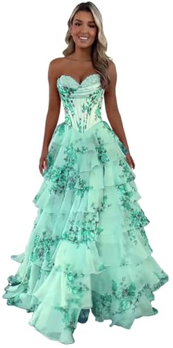KSIJJWY Corset Floral Print Tiered Prom Dresses 2026 Strapless Long Ball Gowns Ruffle Chiffon Tulle...