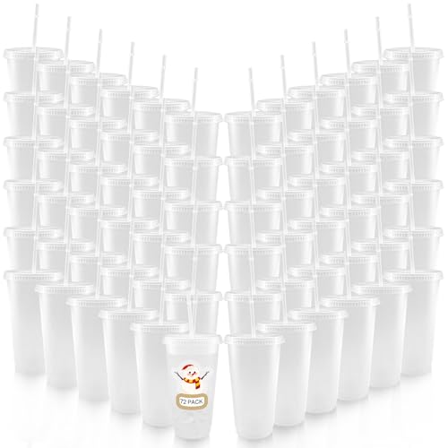 YOUKE OLA 72 Pack Plastic Tumblers with Straw and Lid Reusable Plastic Cups Drinking Straw Tumbler Bulk Customizable Iced Coffee Cup Water Bottle for Vinyl DIY Parties Birthdays 24oz Frosted