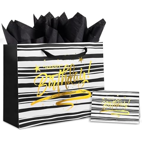 GoClimber 2 Pack Happy Birthday Gift Bags with Tissue Paper, Greeting Cards, and Handles - Large Birthday Bag for Men and Women (Black) Cover