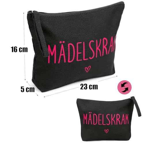 MEJOSER Mädelskram Kosmetiktasche Klein Schwarz Krimskrams Kulturtasche Schminktasche Mädchen Geschenke für Damen Frauen Freundin Mama Kollegin JGA Team Braut Kulturbeutel Make Up Tasche mit Spruch