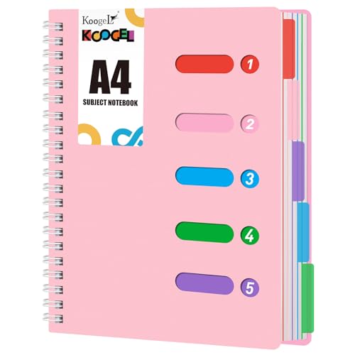 Koogel Ruled Notebook A4, Pink Spiral with Dividers Hardcover 5 Subject Journal for School Note Taking Office 28x21cm