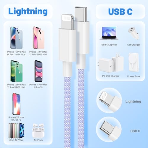 Image of USB C to Lightning Cable 2Pack 6FT+10FT,[Apple MFi Certified] Nylon Braided iPhone Fast Charging Cable, Power Delivery Charging Cord for iPhone 14 13 12 11 Pro Max /XS /Max /XR /8 /7,Pad Air /Pro,Purple