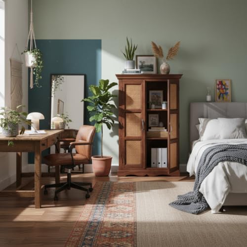 Image of APRODZ Mojo Sheesham Wood Two Door Cane Wardrobe (Sheesham Wood - Walnut)