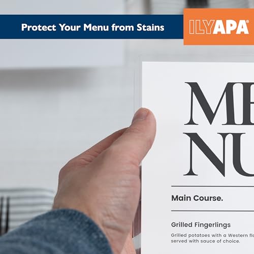 Image of Ilyapa Restaurant Menu Covers 11 x 17 Inch - 30 Pack, Single Page, 2 View Clear Menu Holder Sleeves, Durable PVC Sheet Protector to Cover Inserts | Durable PVC Plastic Sheet Protector, For Restaurant Menu Display, Double-Stitched Edges