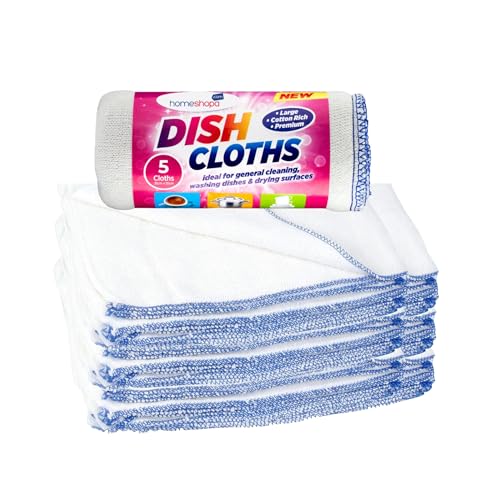 Homeshopa Large Dish Cleaning Cloth, Cotton Super Absorbent White Kitchen Washing Up Dishcloth, Extra Soft & Thick Reusable Tea Towels Washcloths, 35 X 35cm, Pack of 5