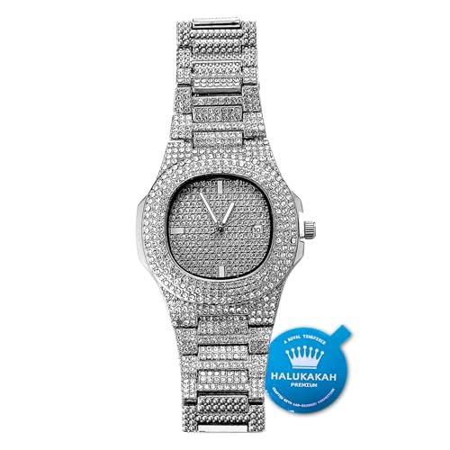 HALUKAKAH Montre en Or avec Diamants Iced Out,Homme Quartz Plaqué Noir Rhodié 9.5