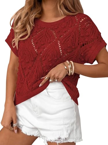 Image of Cakulo Womens Crochet Crop Tops 2026 Summer Short Sleeve Hollow Out Boho Sweater Beach Vacation Cruise Resort Wear