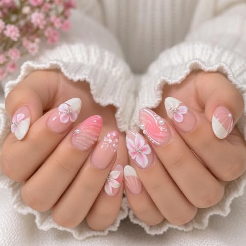 Image of Secret Lives Almond Nail Extensions 3D Pink Pearl With French Tip Details Dimensional Flower Artificial Nail Art, 24-Piece Set with Kit
