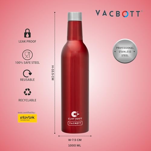 Image of Clay Craft Vacbott IVY Wine Double Walled|18 Hours Hot and 24 Hours|Cold Vacuum Insulated Flask Bottle|2 Piece, 1000 ml Steel Bottles for Travelling|BPA-Free|BIS Certified|1Year Limited Warranty