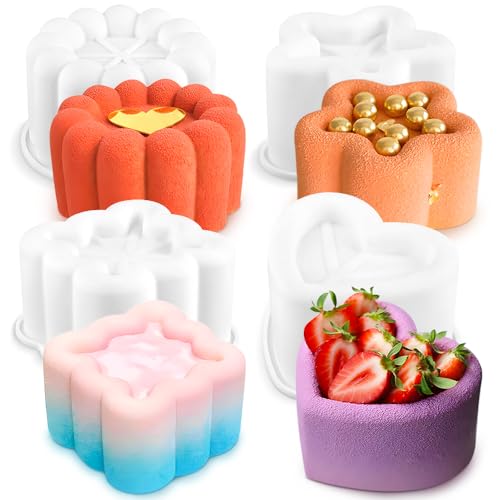 4 Stück Kleine Kuchenform Quadrat Stern Herz Blumen Muffinform Silikon Backform Antihaft Silikonformen für Pudding Schokolade Gelee Muffins Brot Mousse Kuchenformen Tortenform Kuchen Backformen Set
