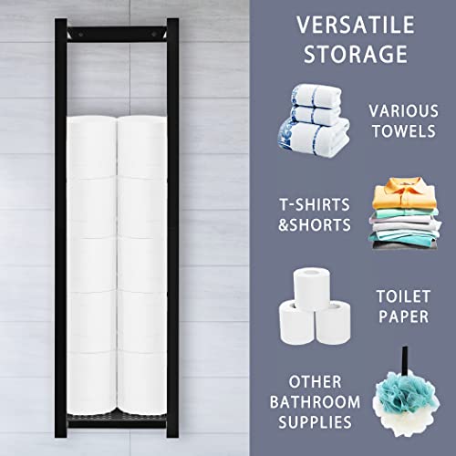 Yemuny Towel Rack Wall Mounted, Bathroom Towel Holder With Mesh Shelf And 4 Hooks, Metal Towel Storage Organizer Wall Can Holds Up To 7 Large Size (54 X27 Inch) Rolled Towels, Black #TOP6