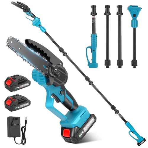 2 in 1 Cordless Pole Saw and Mini Chainsaw, 6-inch Pole Saw Long Reach Chainsaw with 4 Sections Extension Pole, 2 x 21V 1500mAh Battery, 90inch /7.55Ft Max Reach for Garden Yard Tree Pruning