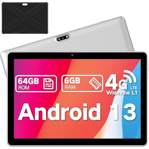 Tablet 10.1 inch Android 13 Tablets, 2025 Cellular Tablets with SIM Card Slot, 6GB+64GB, Support 1TB Expand, Tablet with Case,1280x800 IPS, 5MP+8MP 5000mAh, Bluetooth GPS 5G Wifi Tablet (Silver) Cover