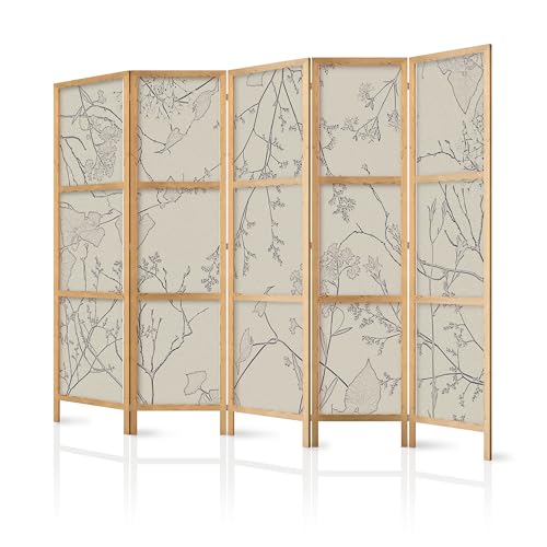 murando - Paravent Innen Raumteiler Holz Botanik Abstrakt 225x172 cm 5-teilig Japanische Trennwand Raumtrenner Room Divider Mobiler Sichtschutz Spanische Wand Raum Abtrennung Natur b-A-10441-bh-b