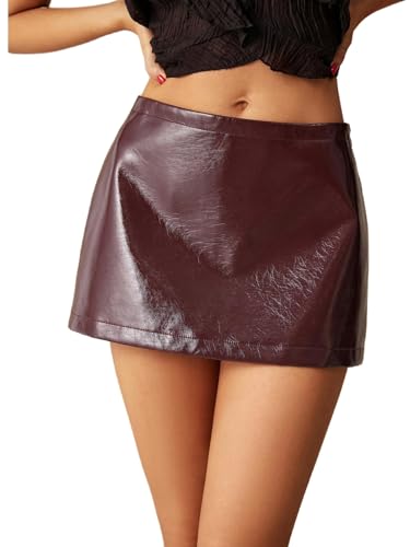 WDIRARA Women's PU Leather Skirt Zipper Low Rise A Line Mini Skirt