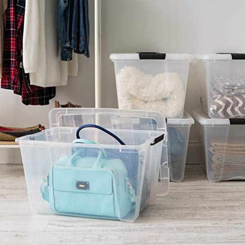 Image of IRIS USA 54 Qt Stackable Plastic Storage Bins with Lids, 4 Pack - BPA-Free, Made in USA - See-Through Organizing Solution, Latches, Durable Nestable Containers, Secure Pull Handle - Clear