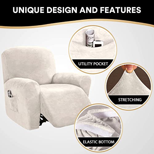 Recliner Chair Cover Velvet Stretch Recliner Couch Covers 4-Pieces Style Recliner Chair Covers Recliner Cover For Reclining Chair Slipcovers Feature Non Slip Form Fitted Thick Soft, Ivory #TOP3