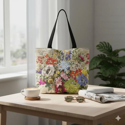 Image of Multiflower Cotton Canvas Tote Bag with Zipper and Inner Pocket | Eco-Friendly Reusable Bag for Shopping, Travel, Work & Everyday Use