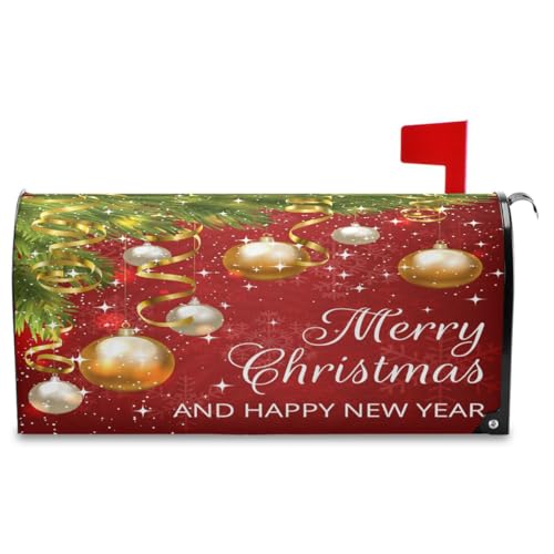 Image of Merry Christmas Bells Mailbox Cover Standard Size Winter Poinsettia Happy New Year Magnetic Mailbox Covers Garden Yard Post Wraps Letter Box Cover Decorations 21 inch L x 18 inch W