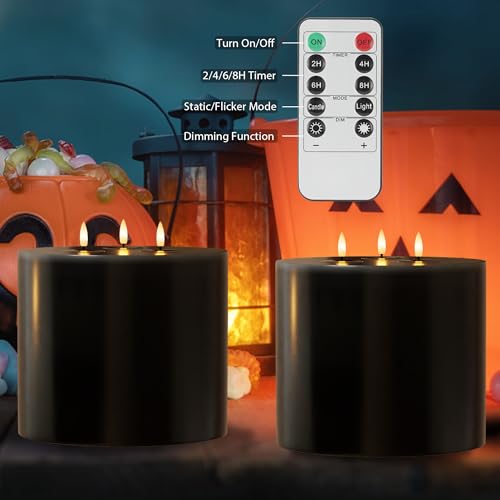 Image of Extra Large Black Flameless Candles with 3 Wicks, 6 inchx6 inch Real Wax Halloween Candles with Remote, Battery Operated Candle Flickering LED Candles Fake Candle for Halloween, Home, Party
