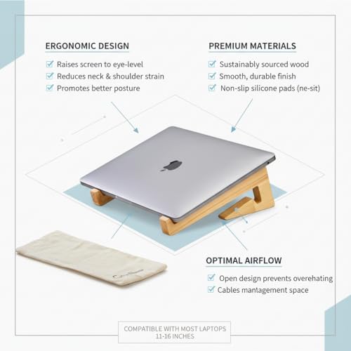 Image of Foldable, Adjustable, Wooden, Laptop Stand Ergonomic, Portable Tabletop Laptop /Desktop Riser Stand that Works with MacBooks, HP, Dell, Lenovo, and All Other notebooks Natural
