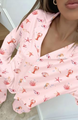 Image of Dressmine Ladies Long Sleeve Cute Pajama Sets 2 Piece Fall Outfits Button Up Pjs Set Loungewear