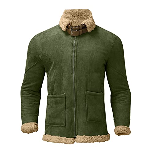 Mens Sherpa Faux Leather Jacket Zip Up Heavyweight Trench Coat Spread Collared Casual Winter Suede Jackets #TOP2