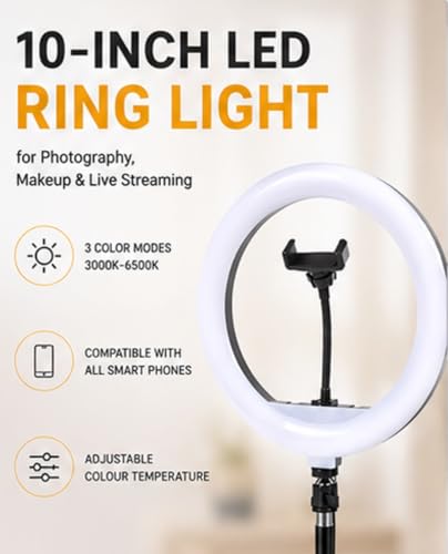 Image of 10-Inch LED Ring Light for Photography, Makeup & Live Streaming | 3 Color Modes LED Ring Light Compatible with All Smart Phones | Adjustable Colour Temperature