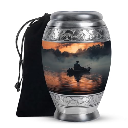 KARYLIZ Fishing Cremation Urn - Orange Urn For Ashes Adult Male - Sunrise Large Urns For Human Ashes Adult Female - Funeral Urns For Men & Women - Burial Memorial For Brother - With Velvet Bag 10 inch