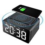 ERNZI Alarm Clock Bedside Bluetooth Speaker FM Radio Non Ticking with USB Charger & Wireless QI Charging, 3 Level Digital Dimmable Led Display, Mains Powered with Backup Battery