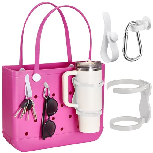 ANTAND Foldable Cup Holder for Bogg Bag Accessories Inserts Key Hooks and Clips, Adjustable Drink Water Bottle Holder for Stanley Cup 30oz 40oz, Essentials Attachments for Beach Tote Bag (White)