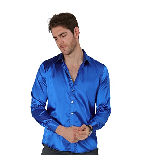 Vicalled Men's Satin Luxury Dress Shirt Slim Fit Silk Casual Dance Party Long Sleeve Fitted Wrinkle Free Tuxedo Shirts Blue #TOP3